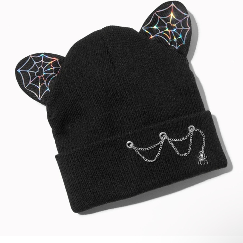 ⭐️3/$15 ⭐️ BNWT Claire’s Black Cat Ear Beanie with Spider Web Design